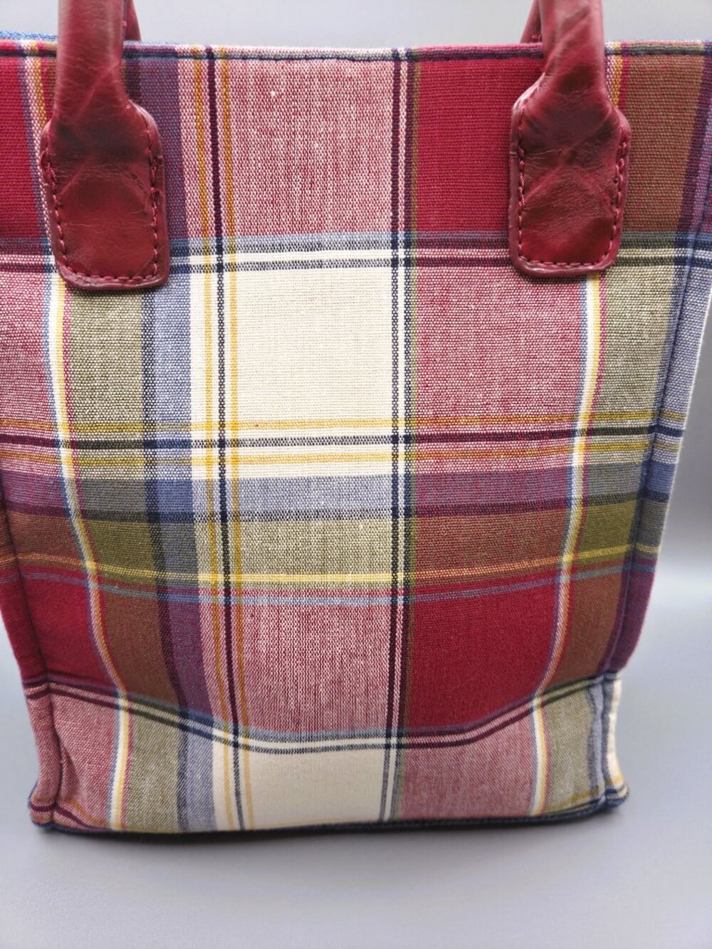 Longaberger Mini Tote Denim Plaid Bag Red Leather Trim Small America Classic - Picture 6 of 9